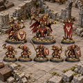 Eight miniatures from the War Drum Camp encounter set arranged on a ruined tabletop.