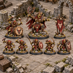 Eight miniatures from the War Drum Camp encounter set arranged on a ruined tabletop.