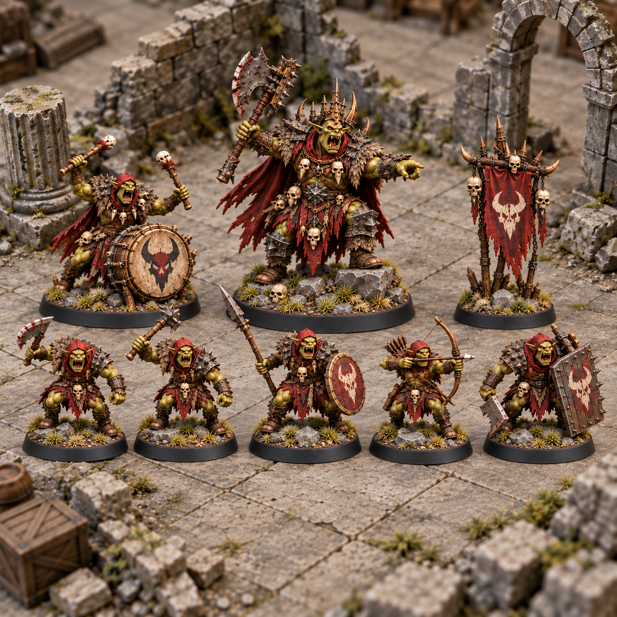 Eight miniatures from the War Drum Camp encounter set arranged on a ruined tabletop.