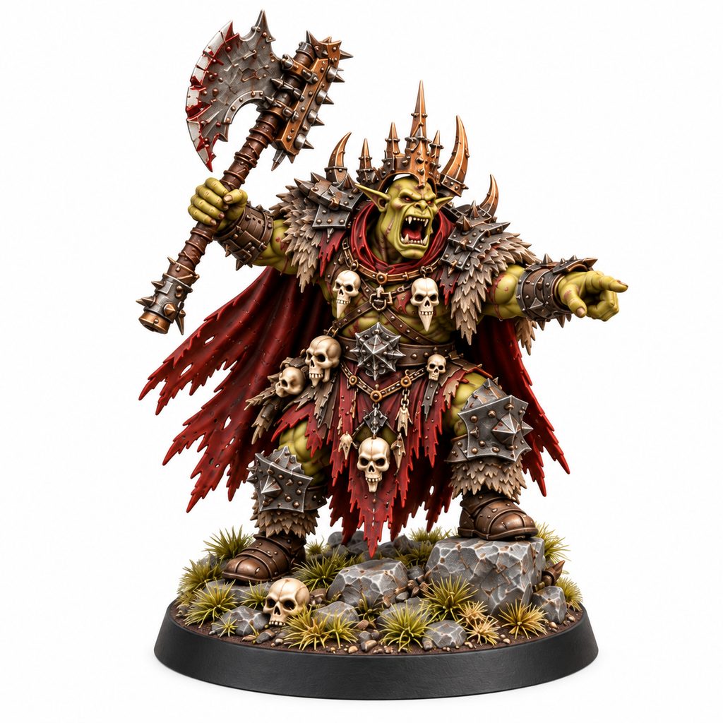 Orc warlord miniature in spiked armor raising a heavy battle axe.
