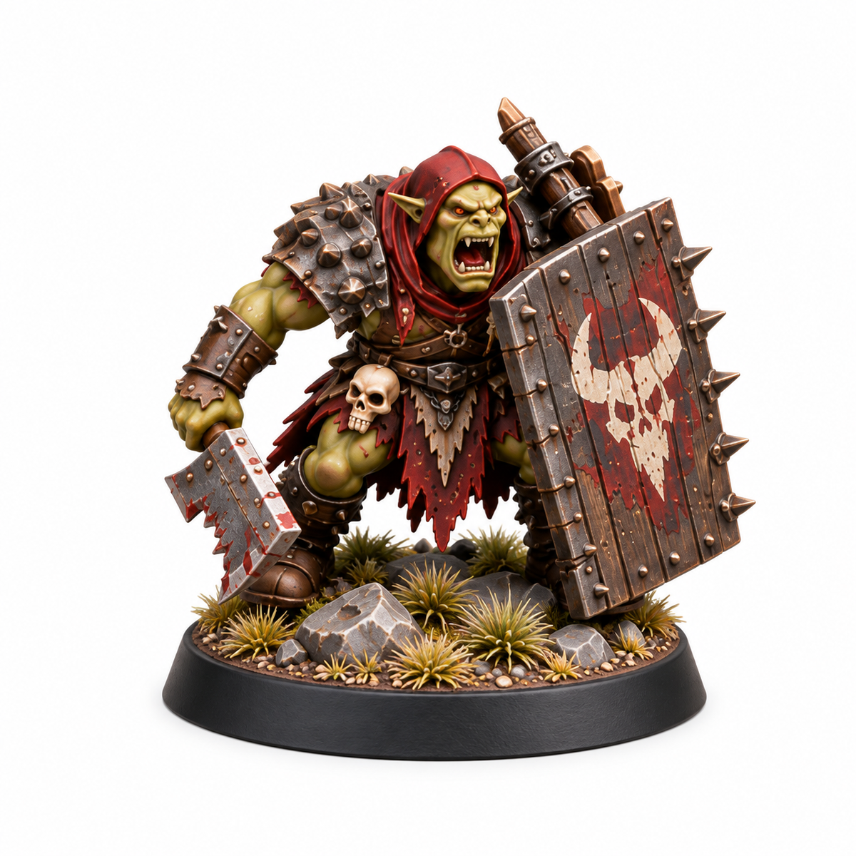 Orc shield guard miniature carrying a cleaver and tall spiked shield.