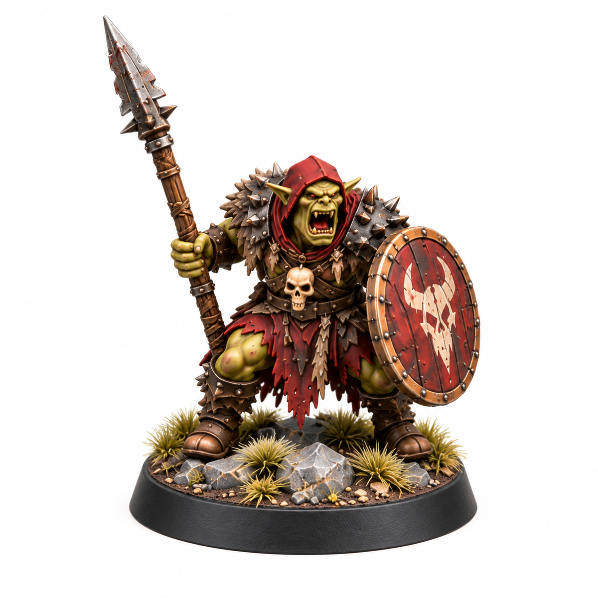Orc spear guard miniature with a long spear and round shield.