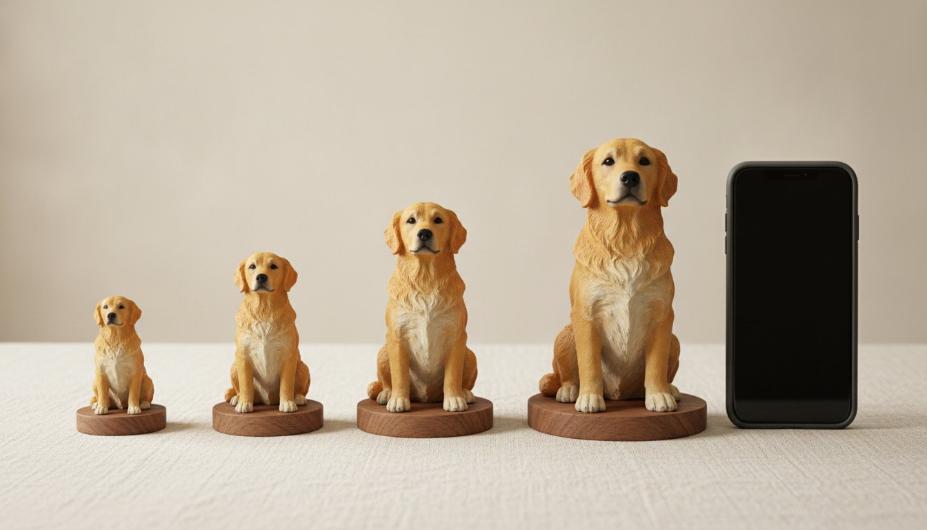 The same pet figurine at all four sizes on walnut bases, with an iPhone 16 beside them for scale