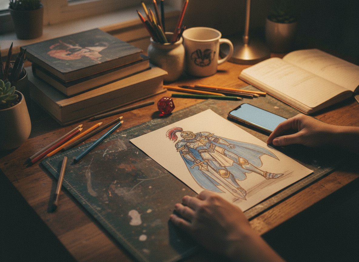 A character sketch placed on a desk